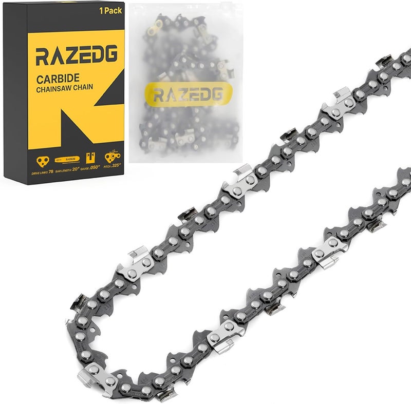 RazEdg Carbide Chainsaw Chain 20 Inch, .325" Pitch, .050" Gauge, 78 Drive Links, Fits Echo CS-490/CS-440, Craftsman S205/CMXGSAMY462S, PP4620AVX, Milwaukee M18 FUEL and More (1 Chain) - Image 1